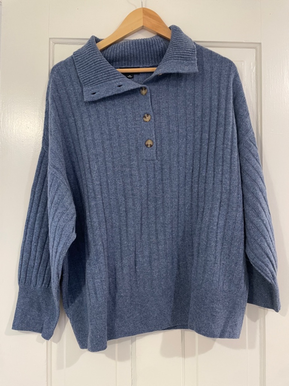 summersalt Slate Blue Merino Cashmere Blend Ribbed Button Neck Sweater 1XL